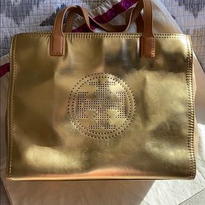 Tory Burch metallic gold carry all